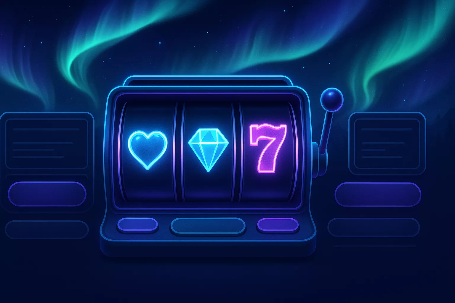 Neon social casino slot demo with Northern Lights theme at AuroraArcade
