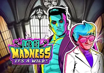 Lab of Madness social casino demo slot with frosted reels and bright cyan glow at AuroraArcade